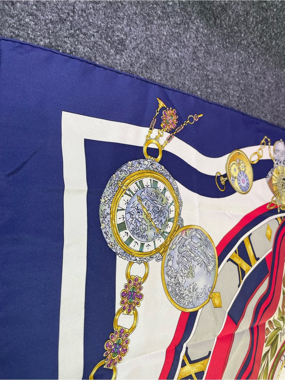 Hermes Multicolor Silk Scarf with Navy, Red, White and Gold Accents - Picture 9 of 16